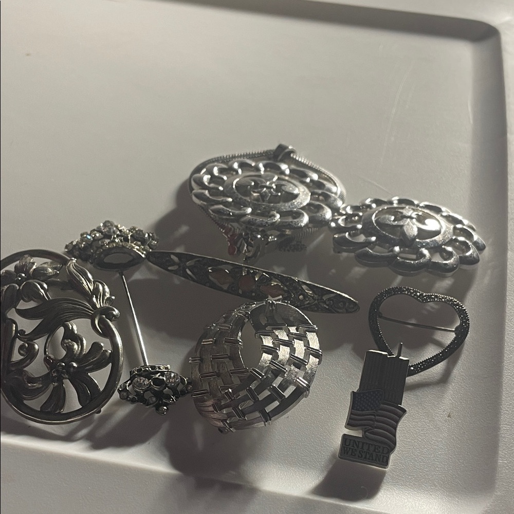 Vintage Silver Tone Mixed Brooch and Pin Lot - Silver Accents